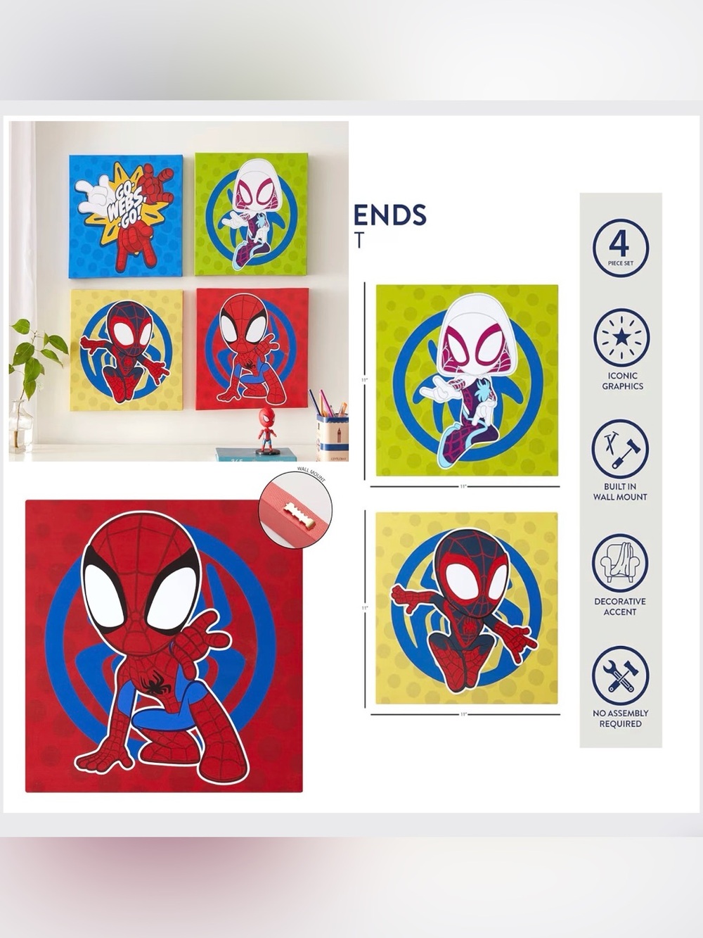 Idea Nuova Spidey and His Amazing Friends 4 Pack Square Canvas Wall Art Set,
